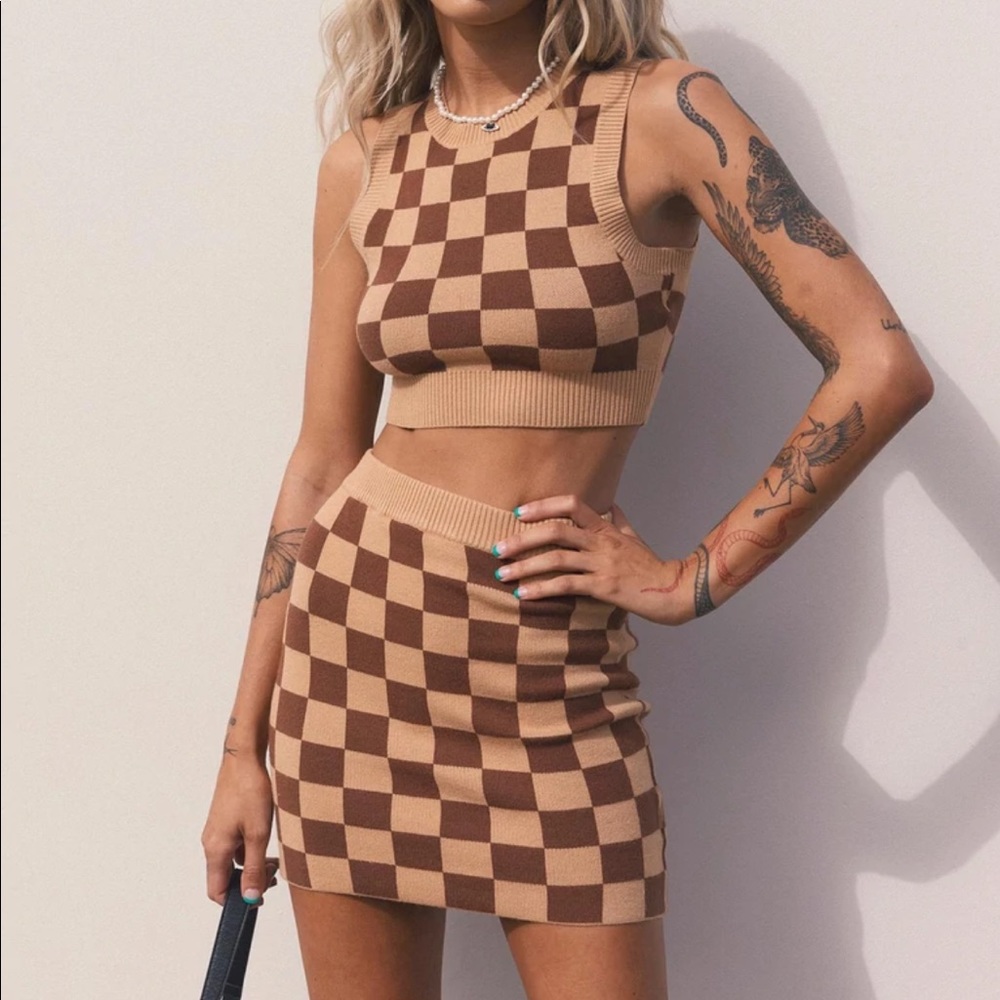 Luci Checker Mini Skirt and Top SET - Brown